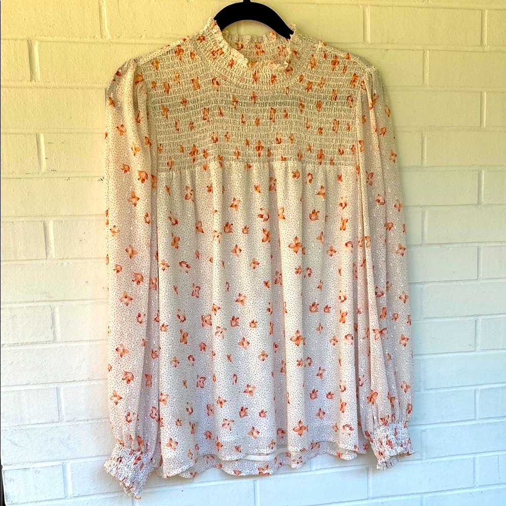 EUC ELIANE ROSE Chic Floral Print Blouse - White and Orange Smocked Collar Sz L